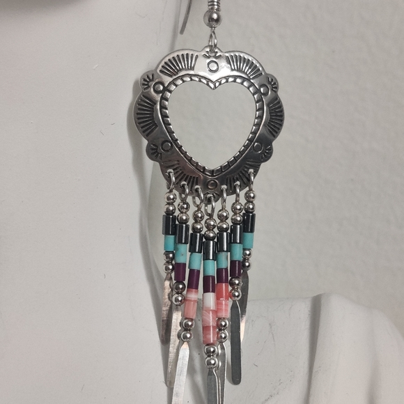 Vintage Native American Navajo TK Emerson  Silver Dangling Heart Earrings - Picture 4 of 9
